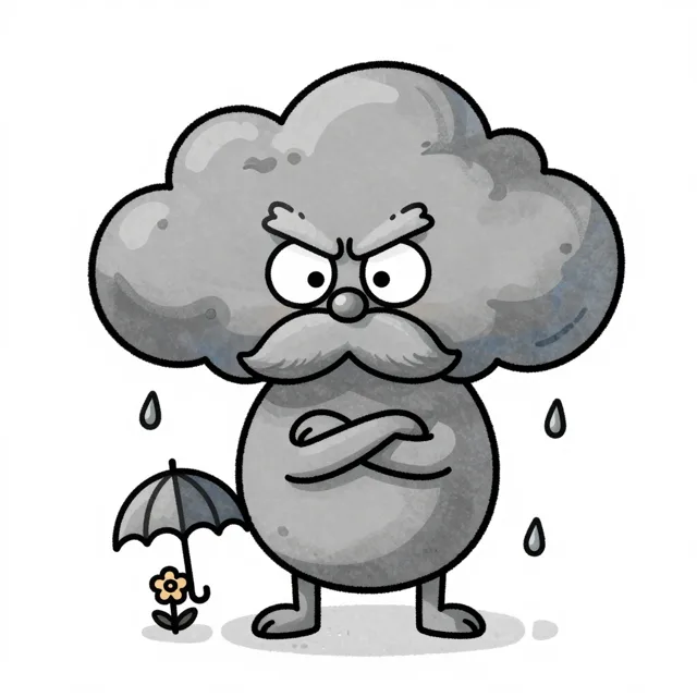 Grijze Gust, een mopperige grijze wolk met een snor en een paraplu boven een bloempje